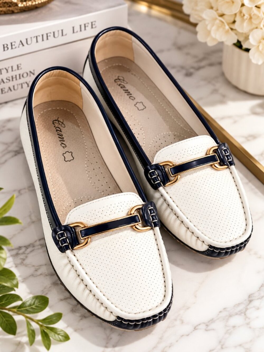 Camo White Navy Leather Driving Loafers Gold Hardware Women’s EU 38